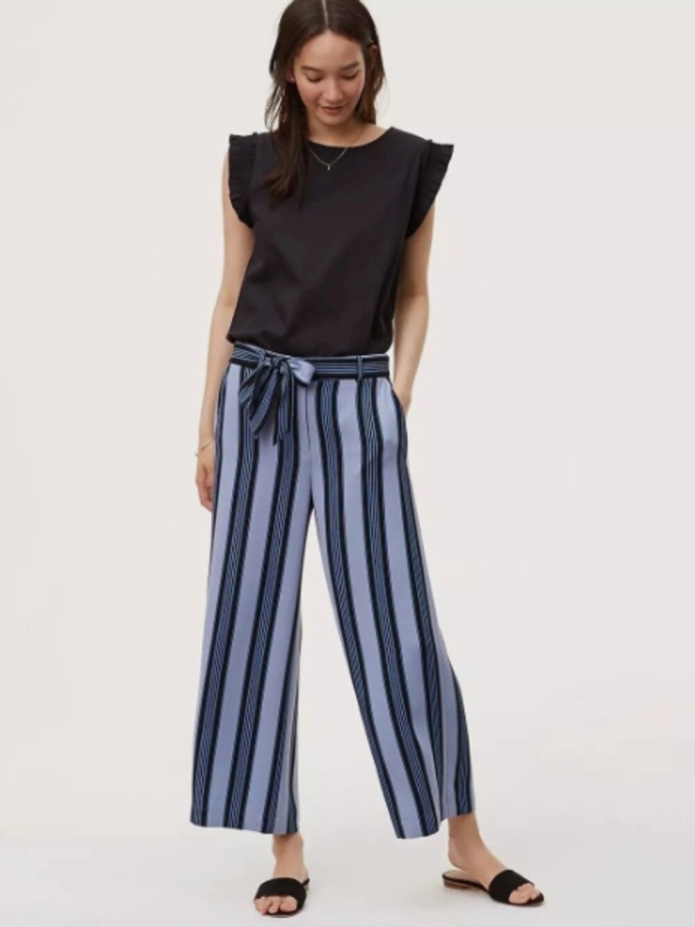 Ann Taylor Loft Blue and Black striped Wide Leg Pants with Belt Size 6